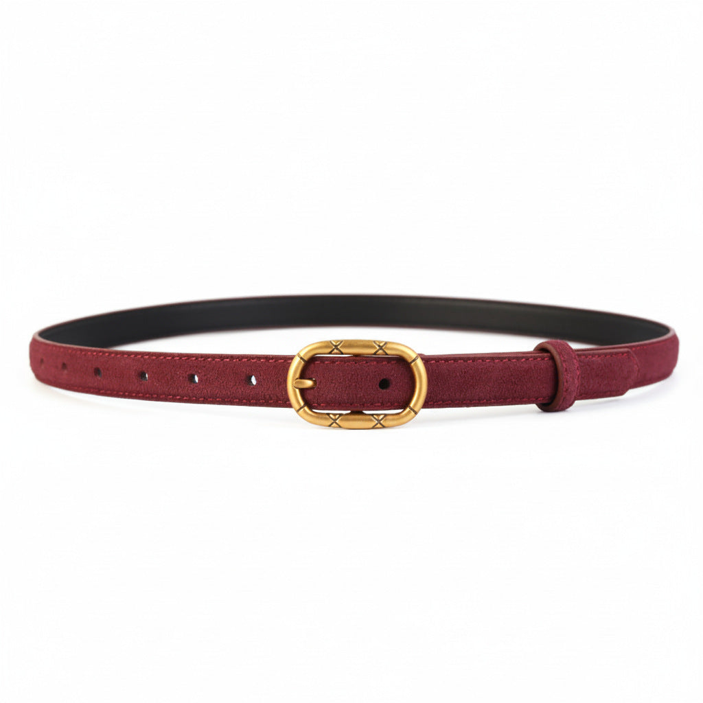 Red cowhide leather belt with golden buckle and decorative detail