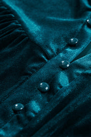 Deep Teal velvet henley blouse with gathered detail and button placket.