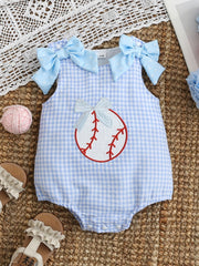 Baby one-piece in pastel blue gingham with baseball embroidery and bow details