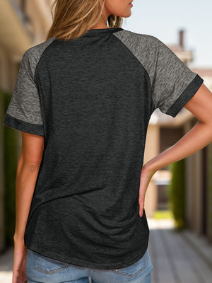 Raglan sleeve tee in dark gray and black with a crew neck.