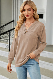 Khaki textured cable-knit henley pullover with button detail