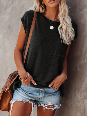 Black relaxed pocket tee with cap sleeves and a round neckline