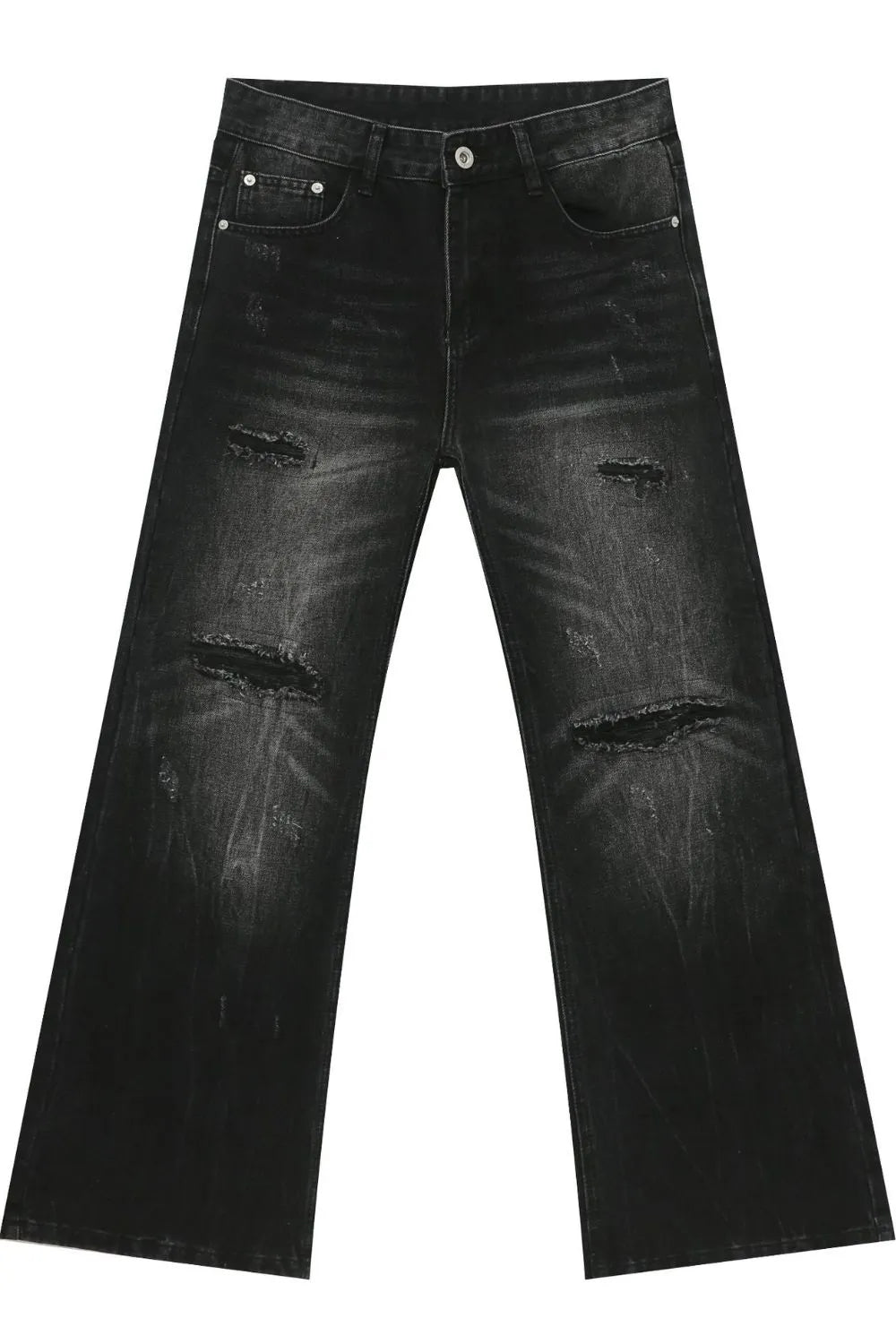 Distressed flare jeans in dark bleach wash denim with ripped details.