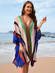 Striped mesh kimono cover-up with V-neck and wide sleeves in pink, brown, green, black, and royal blue.
