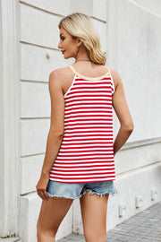 Red and white striped cami with contrast trim neckline and straps.