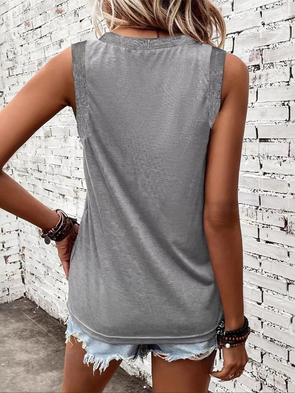 V-neck Ribbed Trim Tank in Black, view 14