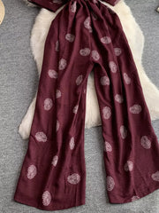 Burgundy paisley print drawstring jumpsuit with wide legs