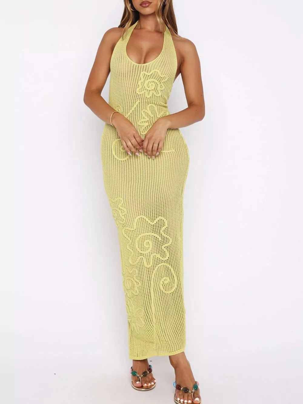 Halter Neck Crochet Maxi Dress in Yellow, fabric detail