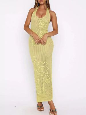 Halter Neck Crochet Maxi Dress in Yellow, fabric detail