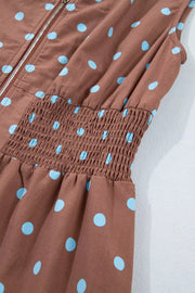 Taupe polka dot midi dress with smocked waist and zipper detail