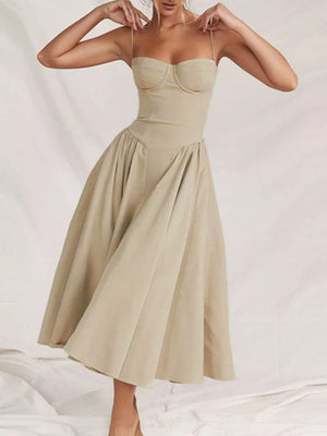 Light gray sweetheart midi dress with spaghetti straps and full skirt