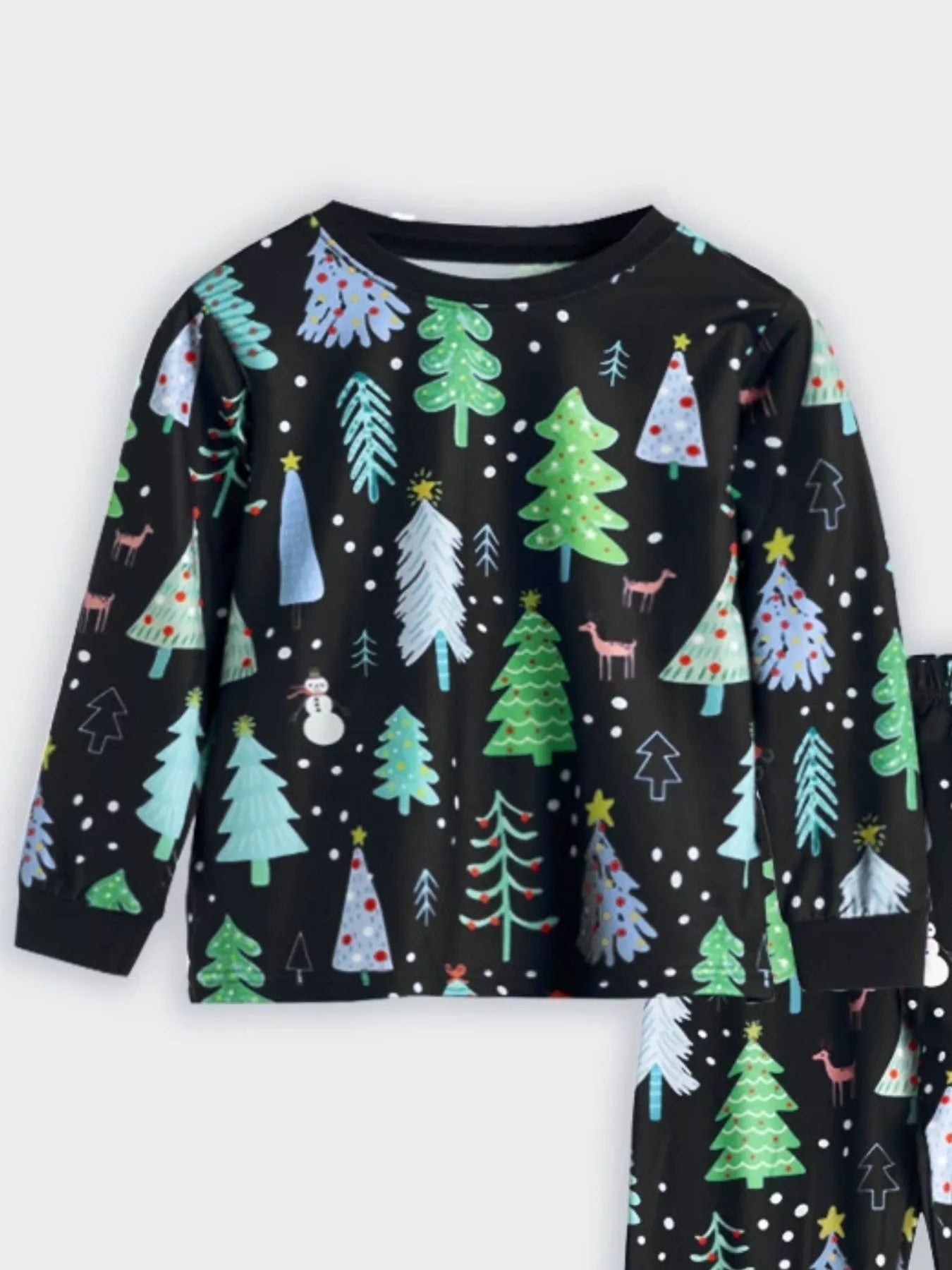 Black Christmas tree print pajama set with long sleeves and crew neck.