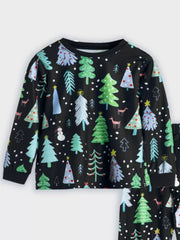 Black Christmas tree print pajama set with long sleeves and crew neck.