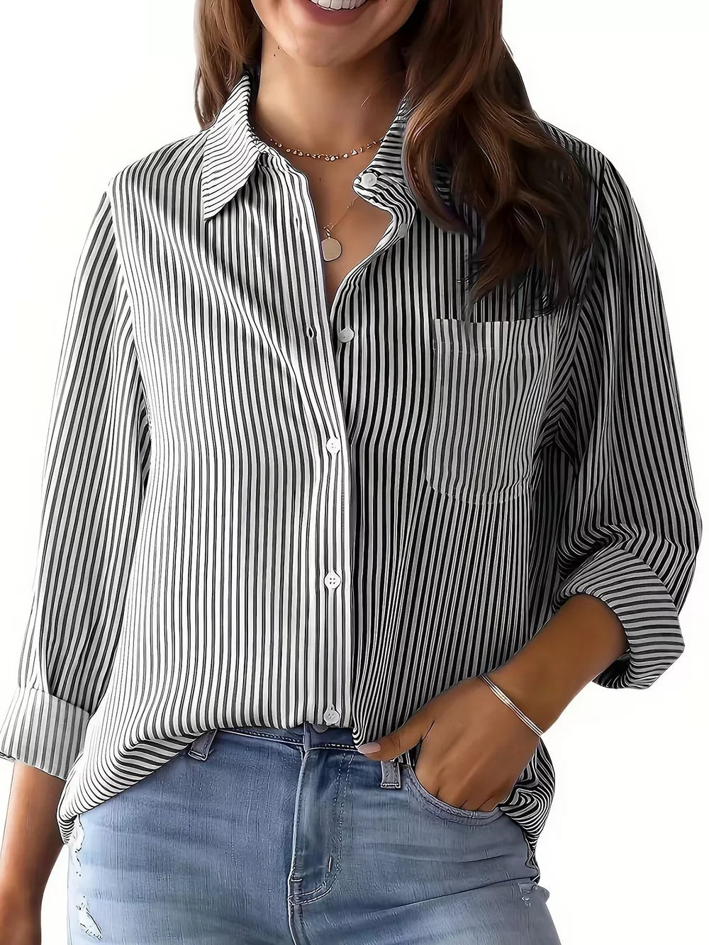Classic Striped Button-down Shirt in Black, fit detail