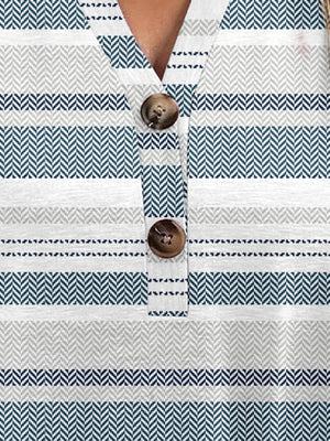 Bohemian tapestry henley blouse with striped pattern and button detail in French Blue.