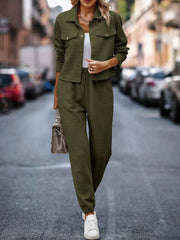 Army green quilted jacket and joggers set with collared neckline and button front.