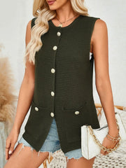 Buttoned knit vest in Black Forest with gold buttons and patch pockets.