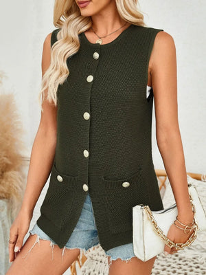 Buttoned knit vest in Black Forest with gold buttons and patch pockets.