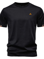 Black t-shirt with embroidered orange crest detail and striped sleeve cuffs.