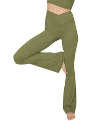 Army green V-waist flare leggings with side slit detail