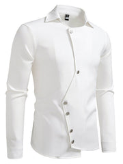 Men's white casual shirt with asymmetrical button detail and classic collar.