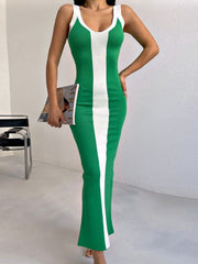 Mid Green bodycon maxi dress with white contrast panel and scoop neck.