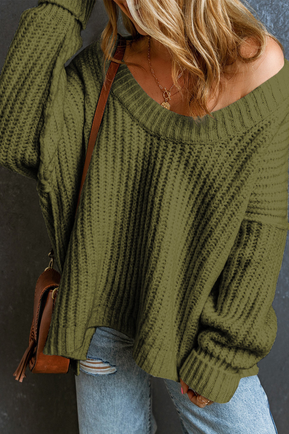 Moss acrylic chunky ribbed knit sweater with wide neckline and long sleeves.