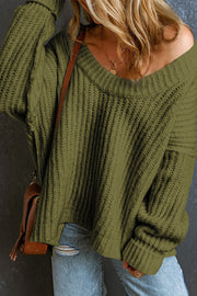 Moss acrylic chunky ribbed knit sweater with wide neckline and long sleeves.