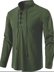 Army green linen lace-up shirt with mandarin collar and long sleeves