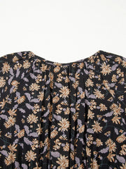 Floral babydoll dress with gathered neckline and bubble sleeves, dark floral print