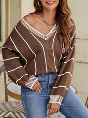 V-neck Striped Contrast Sweater in Dark Green, side view