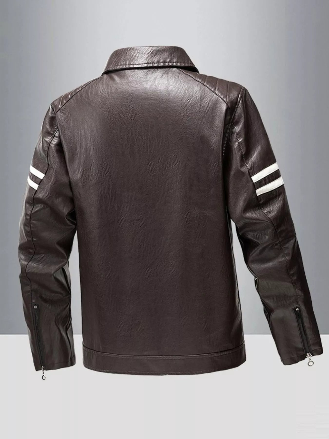 Men's coffee leather motorcycle jacket with white stripes on sleeves and zippered cuffs.