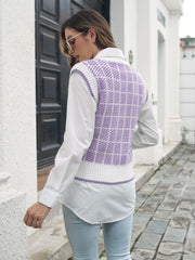 Plaid V-neck vest in lavender acrylic with white trim, layered over a white shirt.