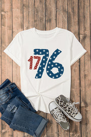 White graphic tee with patriotic 1776 star print, crew neck, short sleeves.