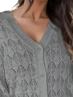 V-neck Openwork Button-down Knit Cardigan in White, side view