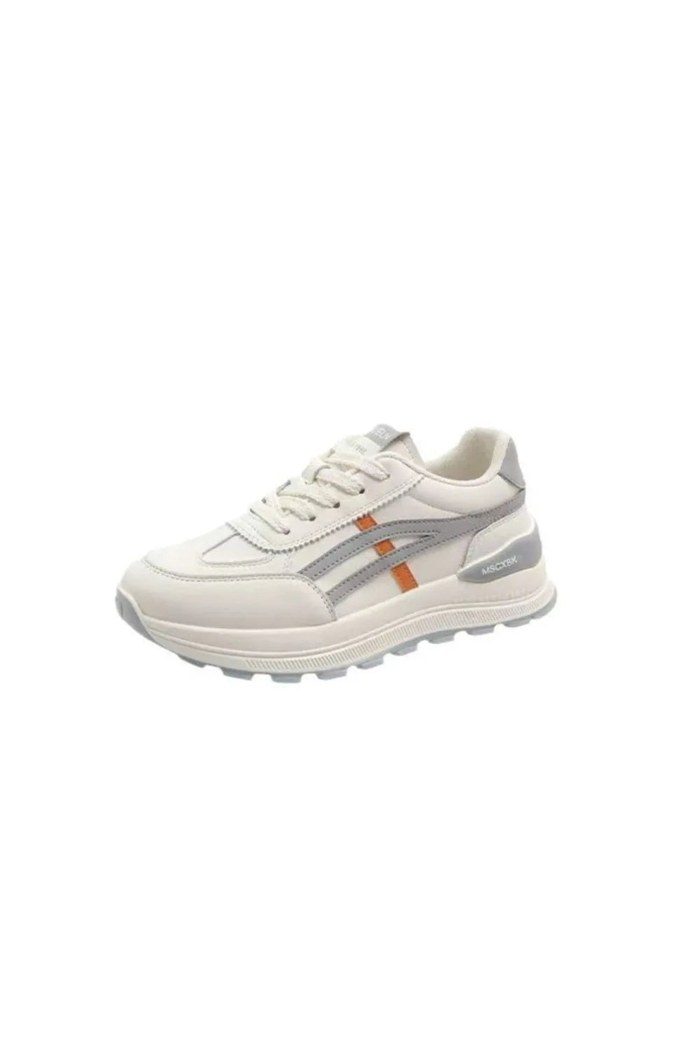 Retro platform sneakers in white with gray and orange contrast accents and a chunky sole.