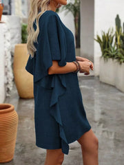 Dark navy ruffled sleeve V-neck mini dress with a casual flowy fit.