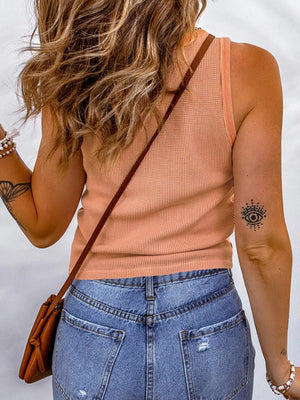 Textured ribbed scoop neck tank top in tangerine with a casual fit.