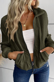 Green teddy fleece bomber jacket with collared neck and zip front