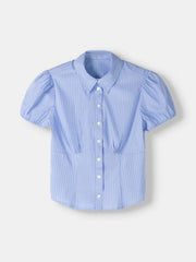Light blue striped puff sleeve button-up shirt with a fitted waist