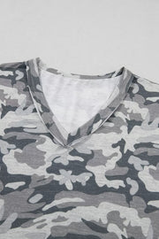 Grey camouflage V-neck relaxed tee with a soft cotton blend fabric.