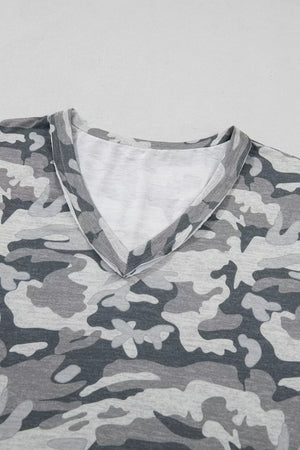 Grey camouflage V-neck relaxed tee with a soft cotton blend fabric.