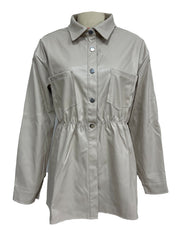Tan faux leather shirt jacket with gathered waist and chest pockets