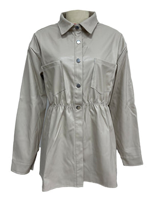 Tan faux leather shirt jacket with gathered waist and chest pockets