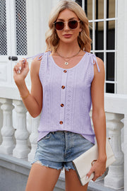 Lavender eyelet button-down tank top with tie shoulders