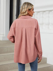 Dusty pink corduroy overshirt with back pleat detail and buttoned cuff.