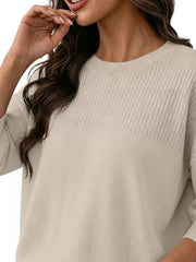Elegant Crew Neck Eyelet Ribbed Sweater in Pink, view 17