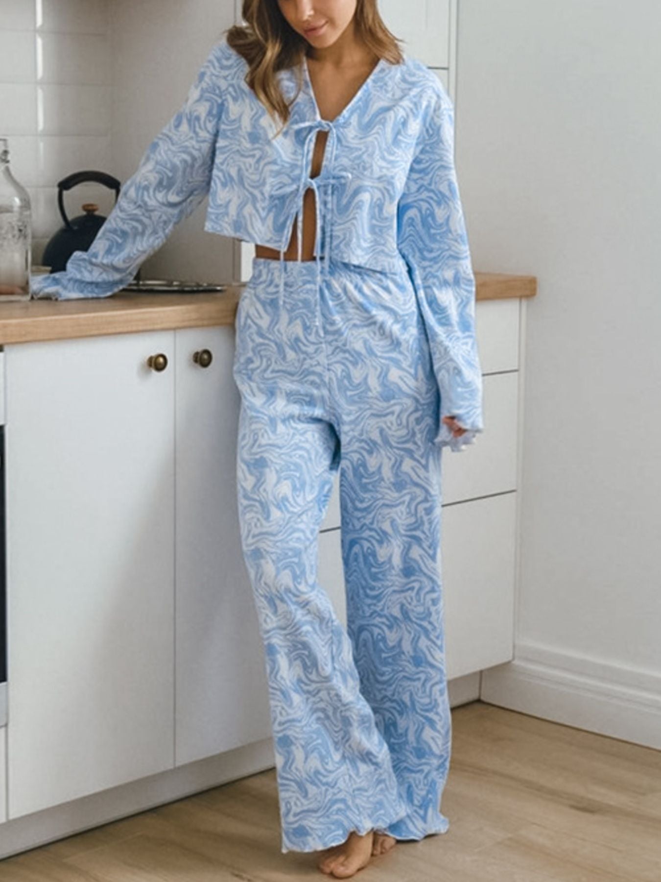 Blue marble print lace-up crop top and wide-leg lounge pants set