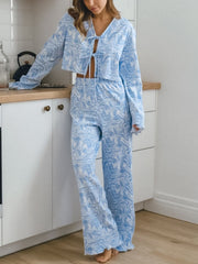 Blue marble print lace-up crop top and wide-leg lounge pants set