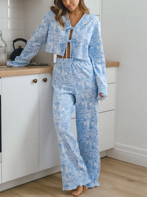Blue marble print lace-up crop top and wide-leg lounge pants set